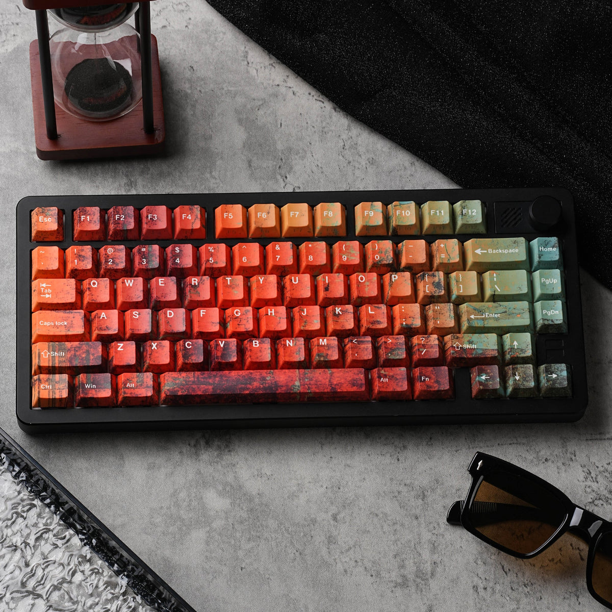 Rustera keycap set — moody scene with hourglass