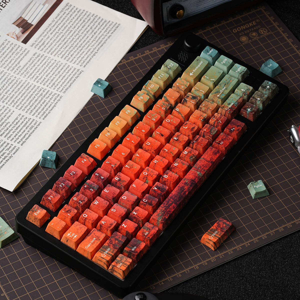 Rustera keycap set — styled flat lay on a desk