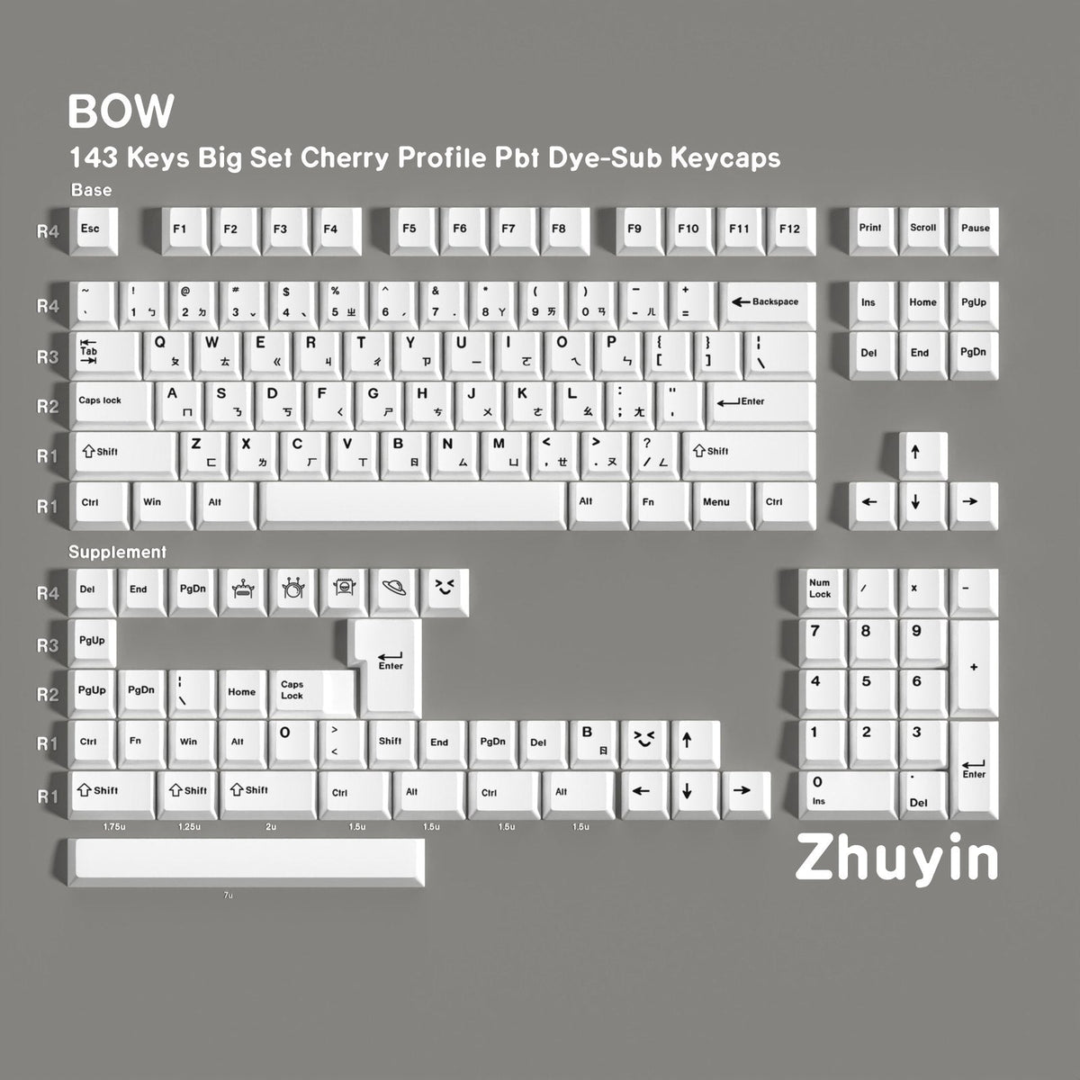 BOW — Cherry Non-translucent PBT Keycap Set — Bopomofo layout