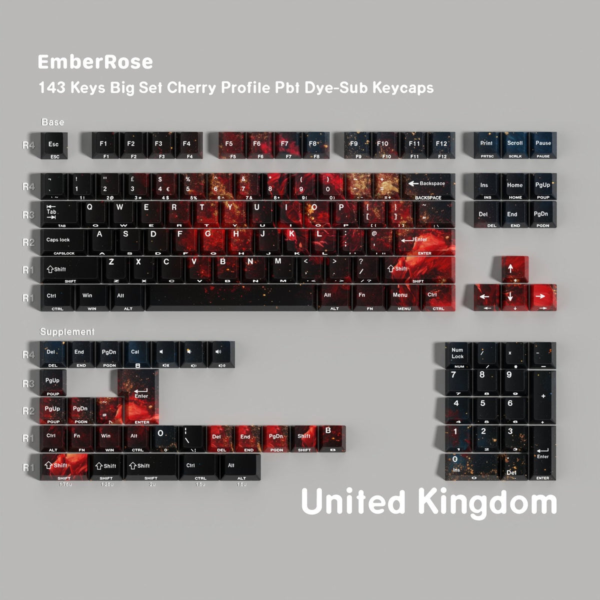 Ember Rose — Cherry Side-lit PBT Keycap Set — English (UK) layout