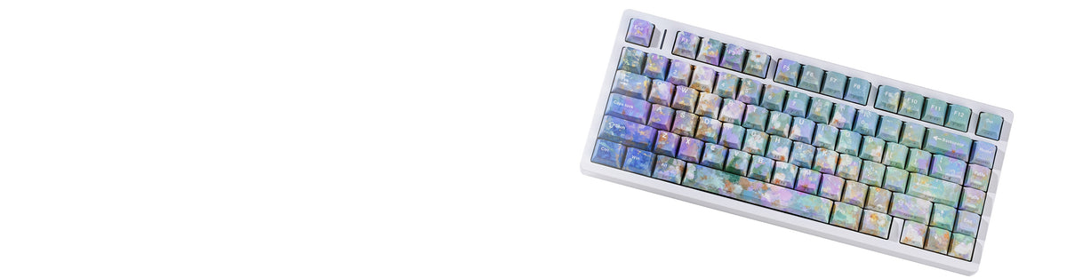 Jaycomia Drifting Bloom side-lit PBT keycap set, keyboard laid diagonally on white