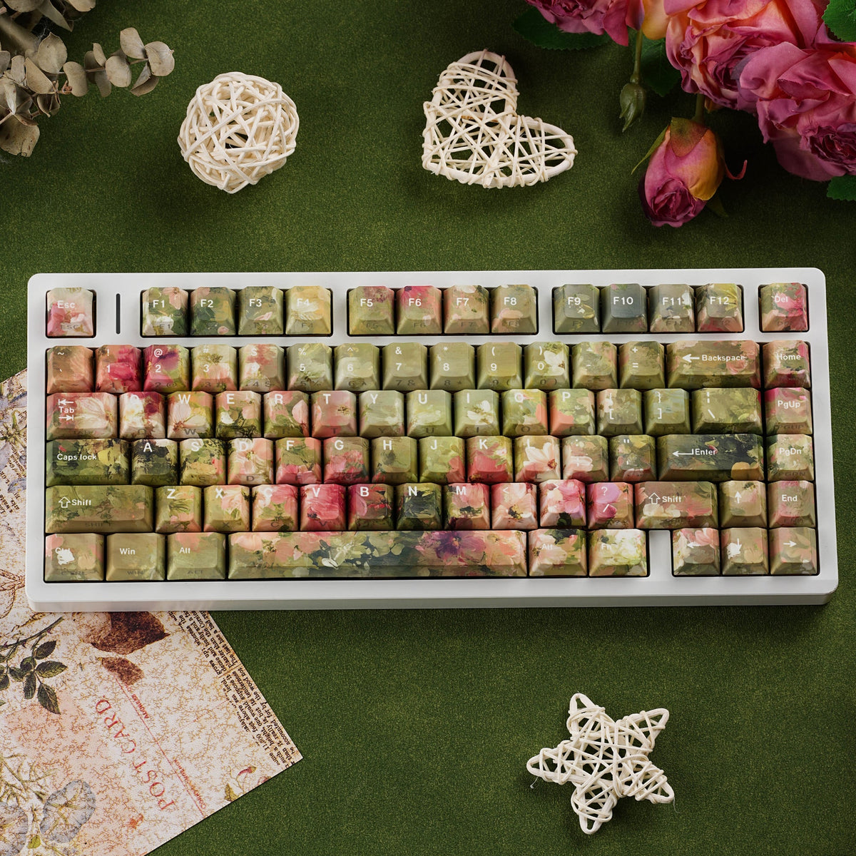 Meadow Hue keycap set — styled with roses