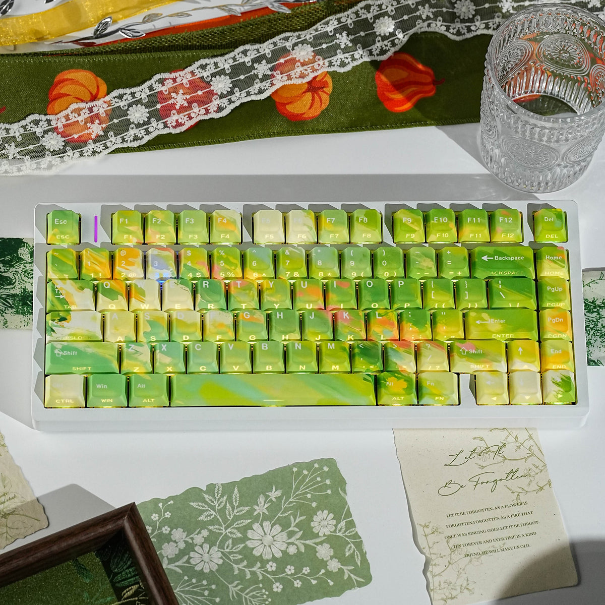 SpringMoor keycap set — styled scene with props
